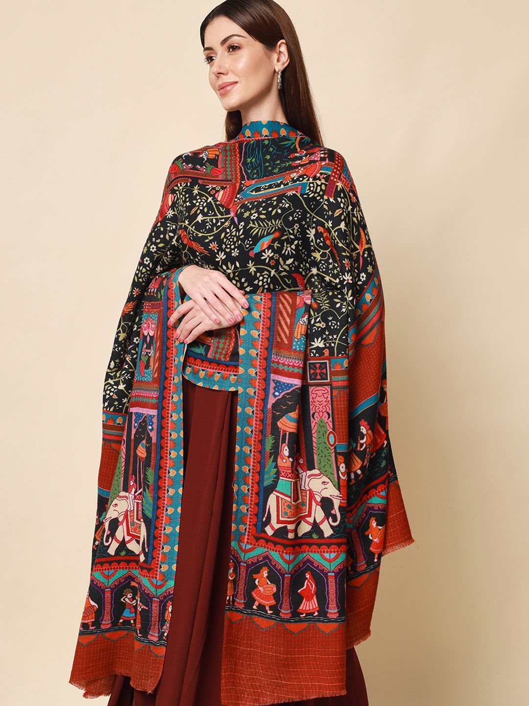 Dhiyona PA Women Brown Printed Pure Wool Shawl