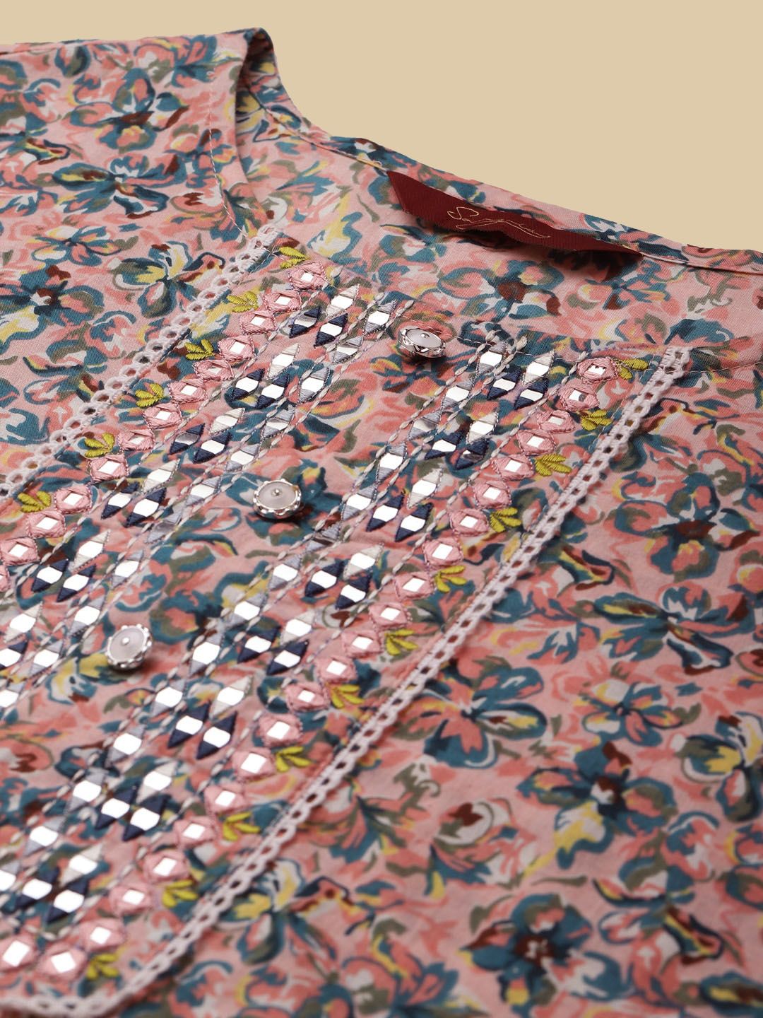 Dhiyona SN Women's Peach & Blue Floral-Printed Pure-Cotton Straight Kurta With Trouser & Dupatta