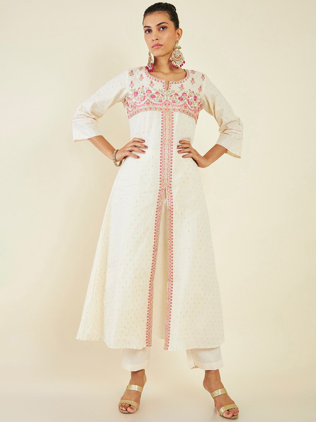 Dhiyona SO Women's Alina Cut Floral Embroidered Front Slit A-Line Pure Cotton Kurta with Trousers & Dupatta