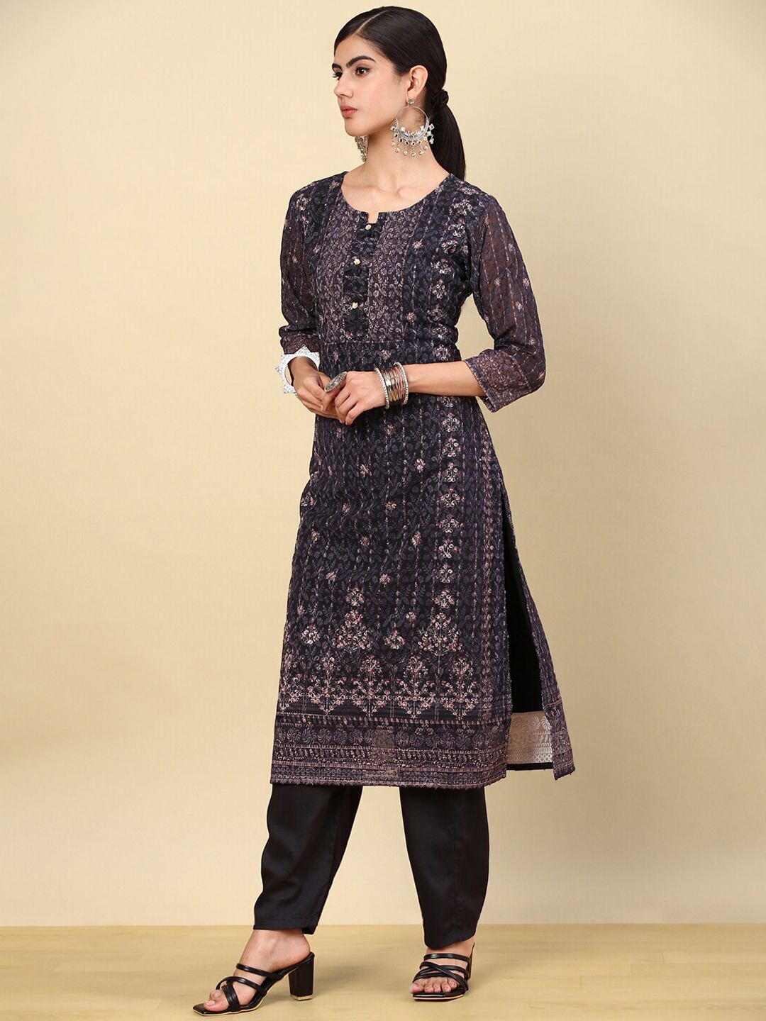 Dhiyona SO Women's Black Ethnic Motifs Printed Thread Work Kurta with Trousers