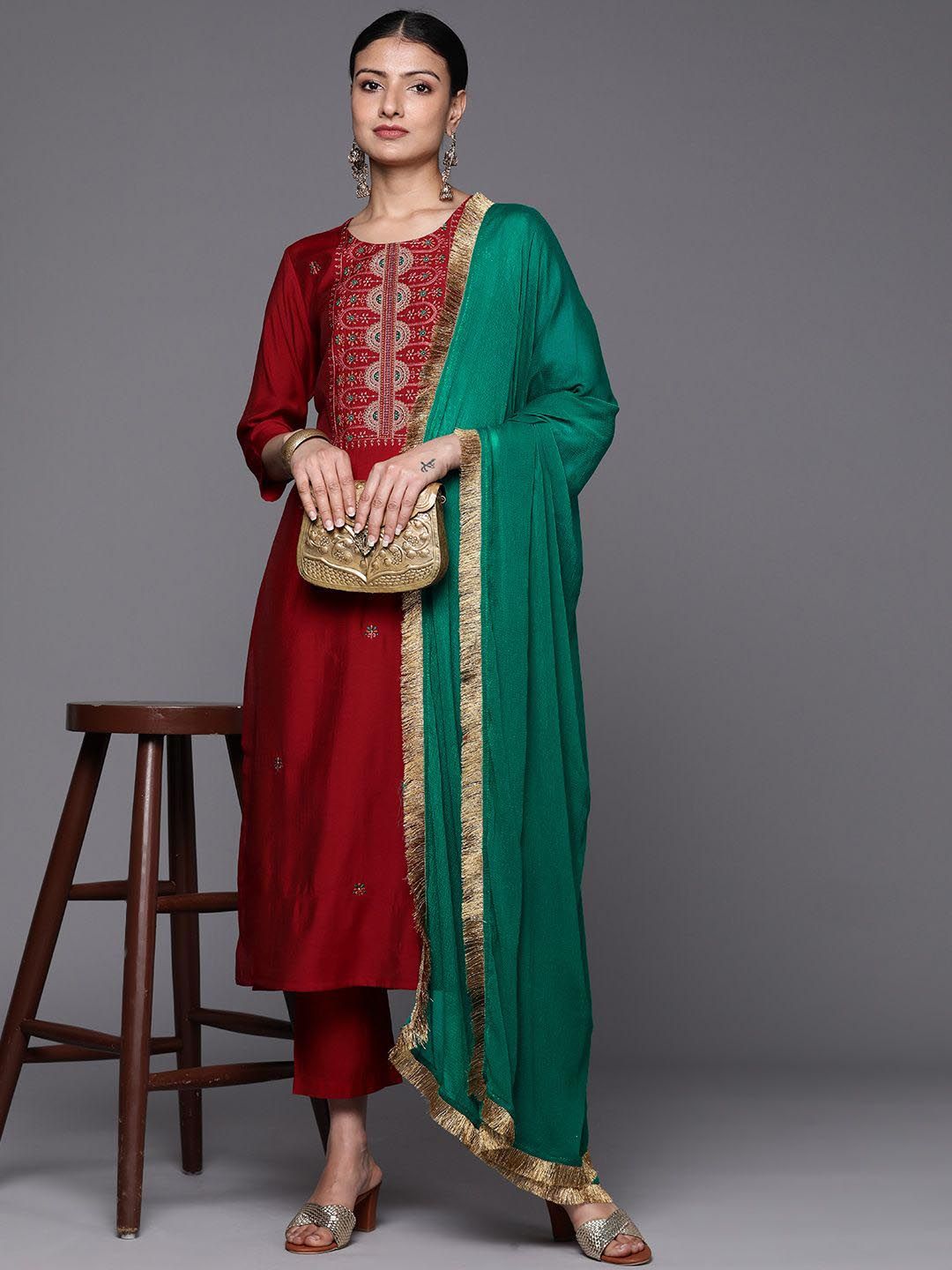Dhiyona VA Women'sEthnic Motifs Yoke Design Thread Work Straight Kurta with Palazzo & Dupatta
