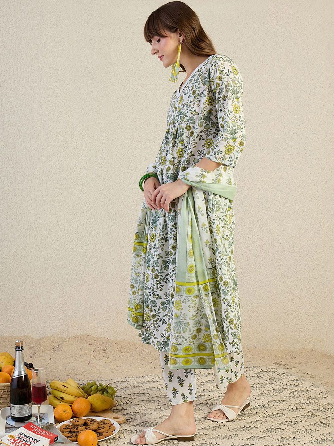 Dhiyona IE Floral Printed V-Neck Pleated Pure Cotton A-Line Kurta & Trousers With Dupatta