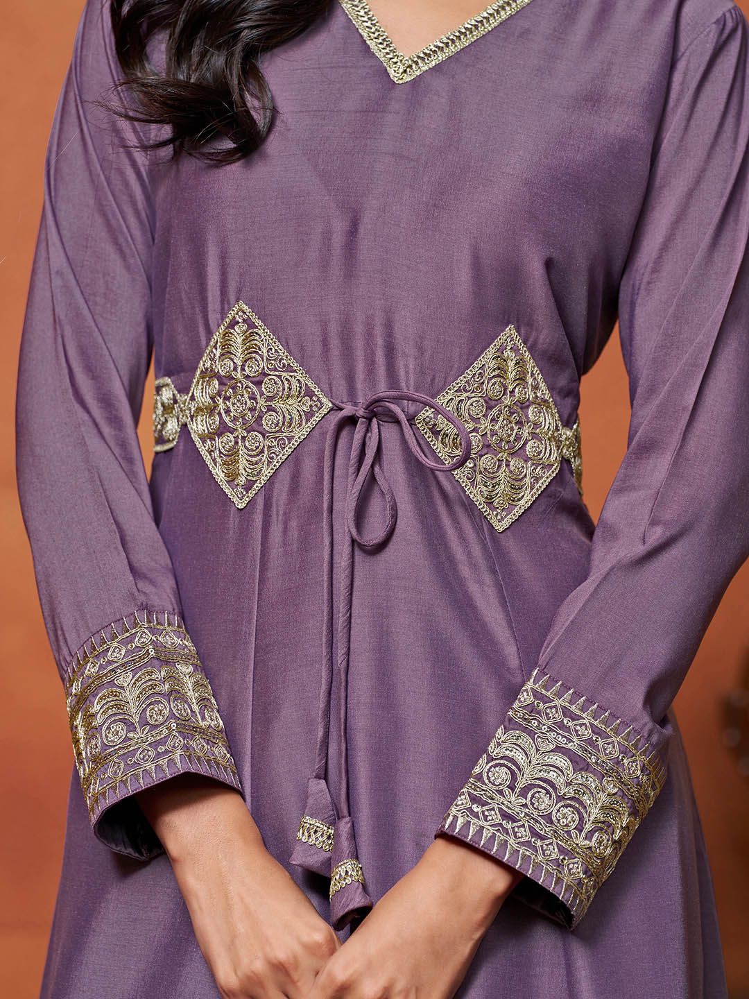 Dhiyona SN Women's Purple Floral Embroidered Cotton Silk Anarkali Kurta With Trousers And Dupatta