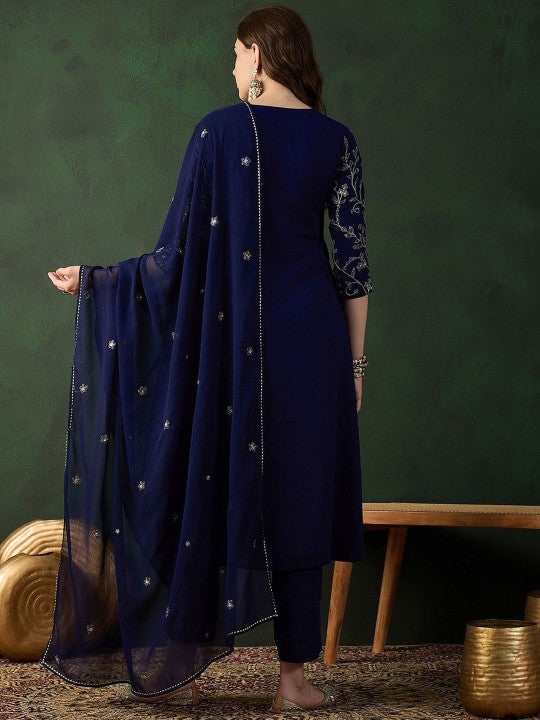 Women's Navy Blue Ethnic Motifs Embroidered A-Line Kurta With Trouser & Dupatta