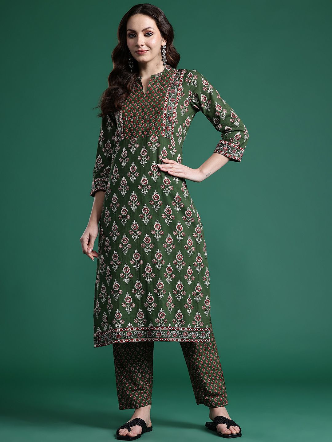 Dhiyona IE Ethnic Motifs Printed Pure Cotton Kurta with Trousers