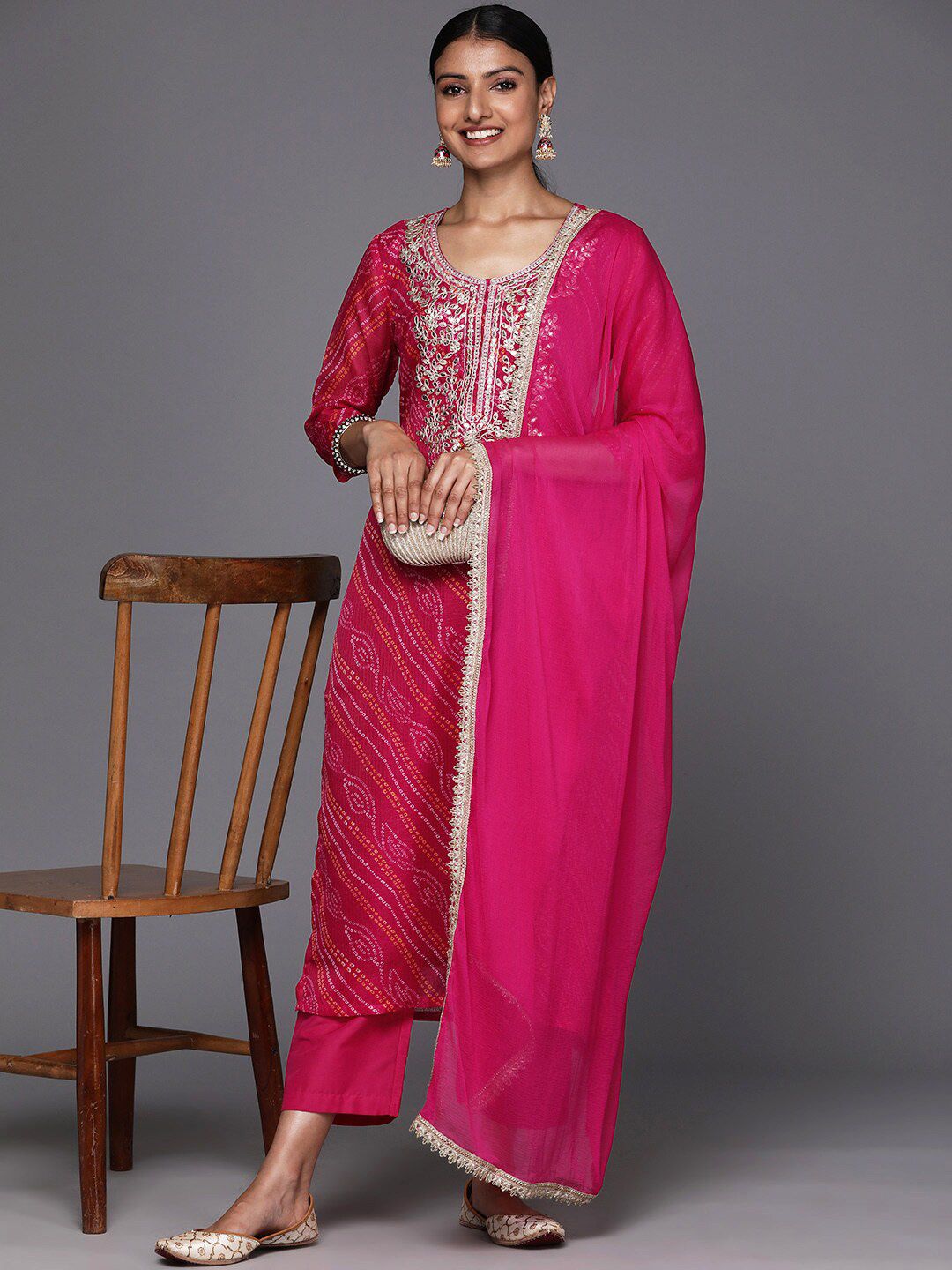 Dhiyona VA Women'sBandhani Printed Regular Kurta with Trousers & With Dupatta