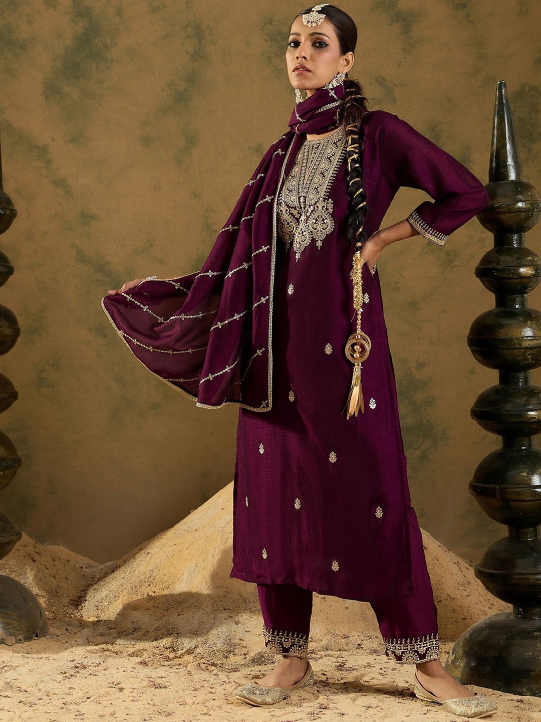 Women Ethnic Motifs Embroidered Regular Kurta with Trousers & With Dupatta