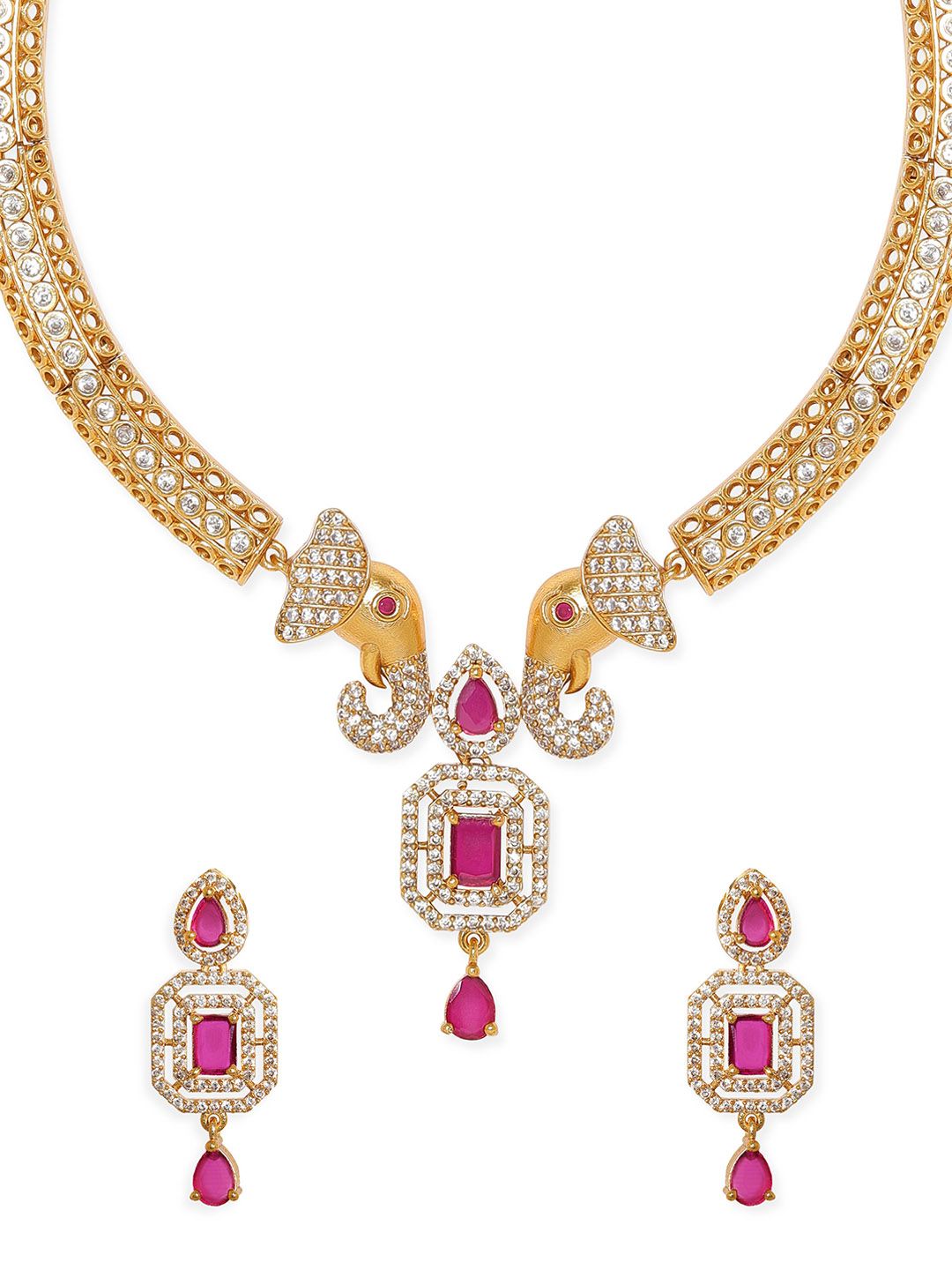 Dhiyona RJ Women's Premium 22K Gold Plated Ruby Pink & CZ Studded Elephant Design Choker Jewellery Set