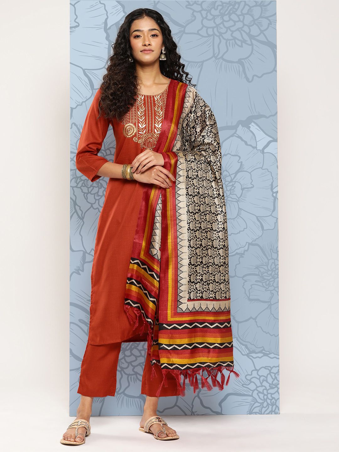 Dhiyona VA Women's Floral Yoke Design Regular Gotta Patti Kurta with Trousers & With Dupatta