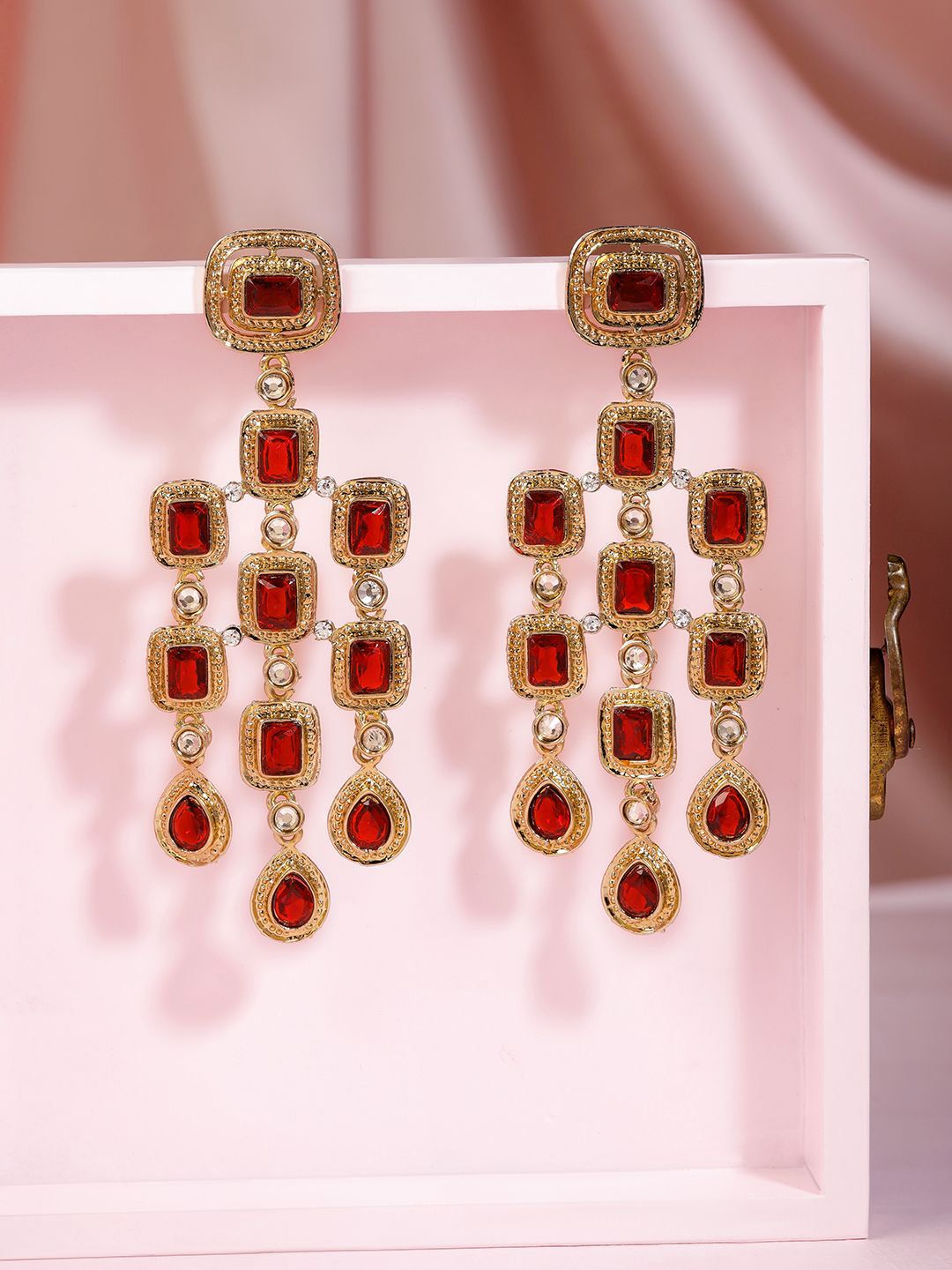 Dhiyona RJ Women's 22K Gold-Plated Ruby Red & Zirconia Studded Long Dangle Earrings
