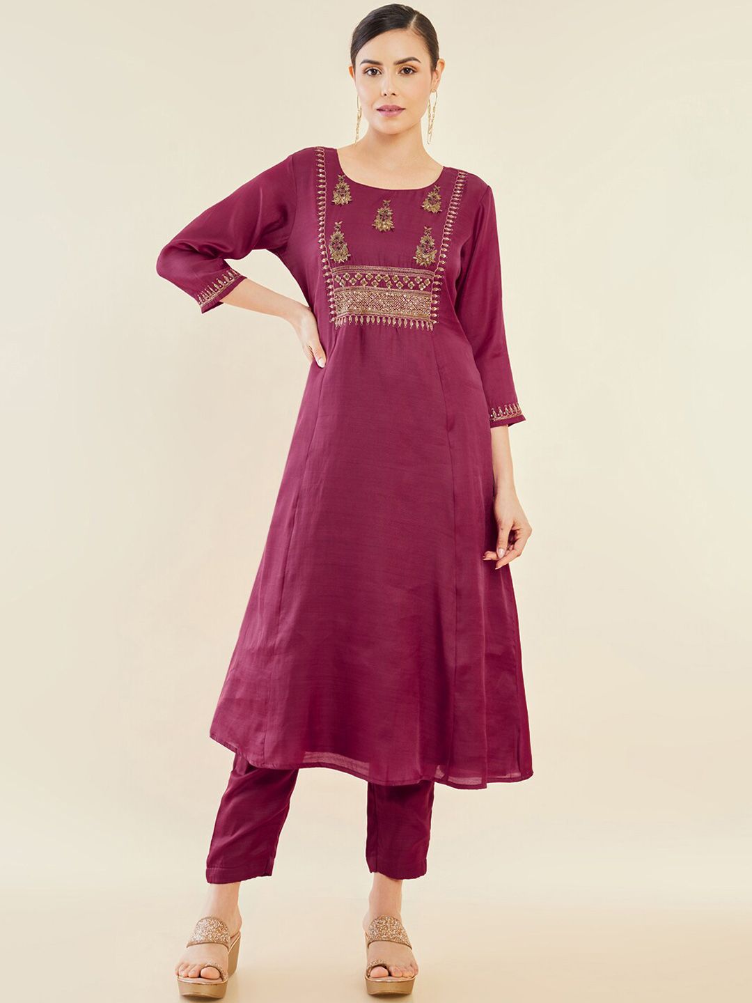 Dhiyona SO Women's Maroon Ethnic Motifs Embroidered Regular Sequinned A-Line Kurta With Trousers