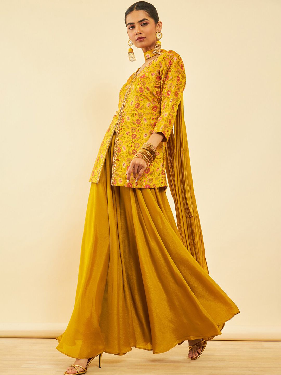 Dhiyona SO Women's Alina Cut Ethnic Motifs Printed Regular Zardozi Kurti with Palazzos & Dupatta