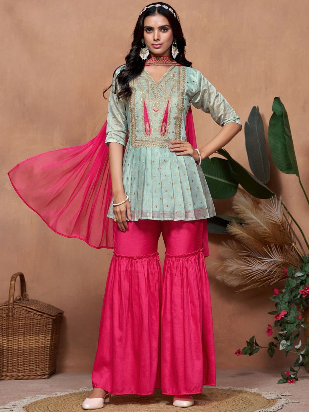 Dhiyona SN Women's Paisley Embroidered V-Neck Short Sleeves Chanderi Silk Kurta & Sharara & Dupatta
