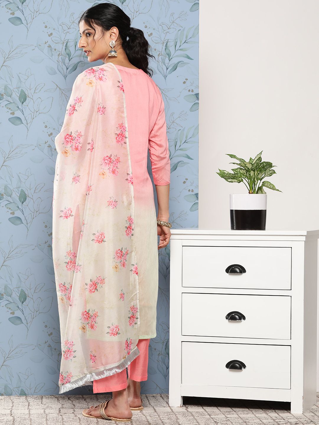Dhiyona VA Women's Pink Ombre Embroidered Sequinned Kurta with Trousers & With Dupatta