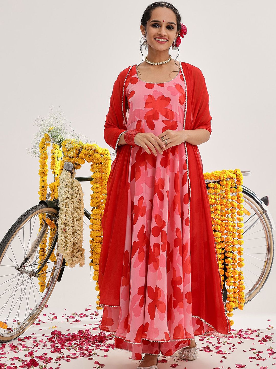 Dhiyona VA Women'sFloral Printed Gotta Patti Anarkali Kurta with Trousers & With Dupatta