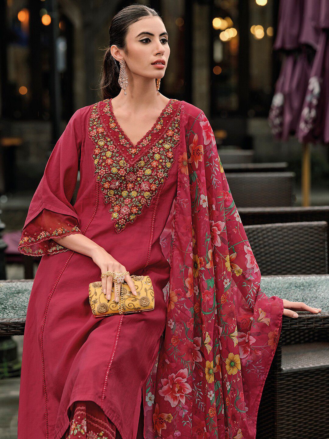 Dhiyona IE Floral Embroidered Panelled Thread Work A-Line Kurta With Trousers & Dupatta