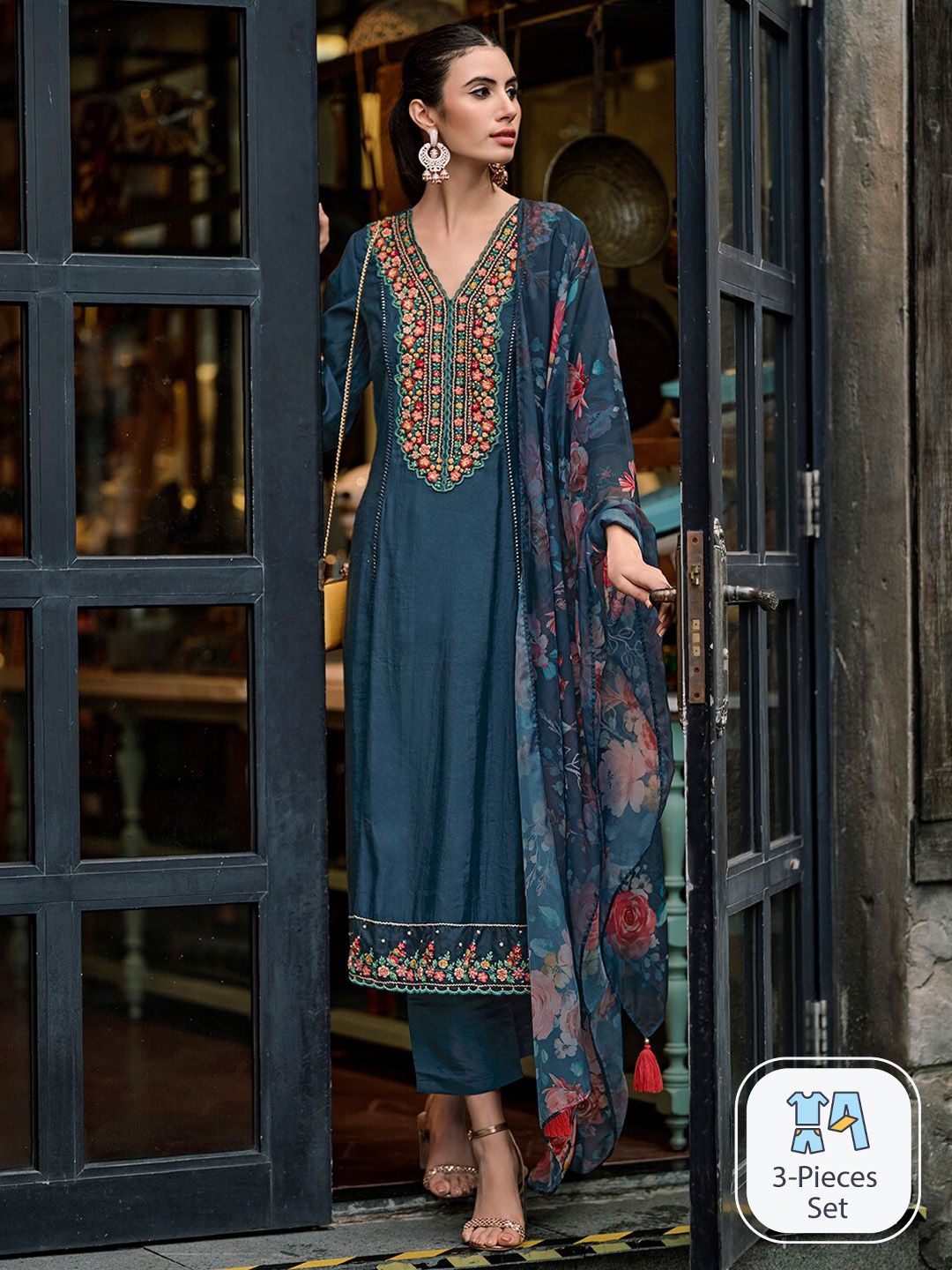 Dhiyona IE Floral Embroidered Panelled Thread Work A-Line Kurta With Trousers & Dupatta