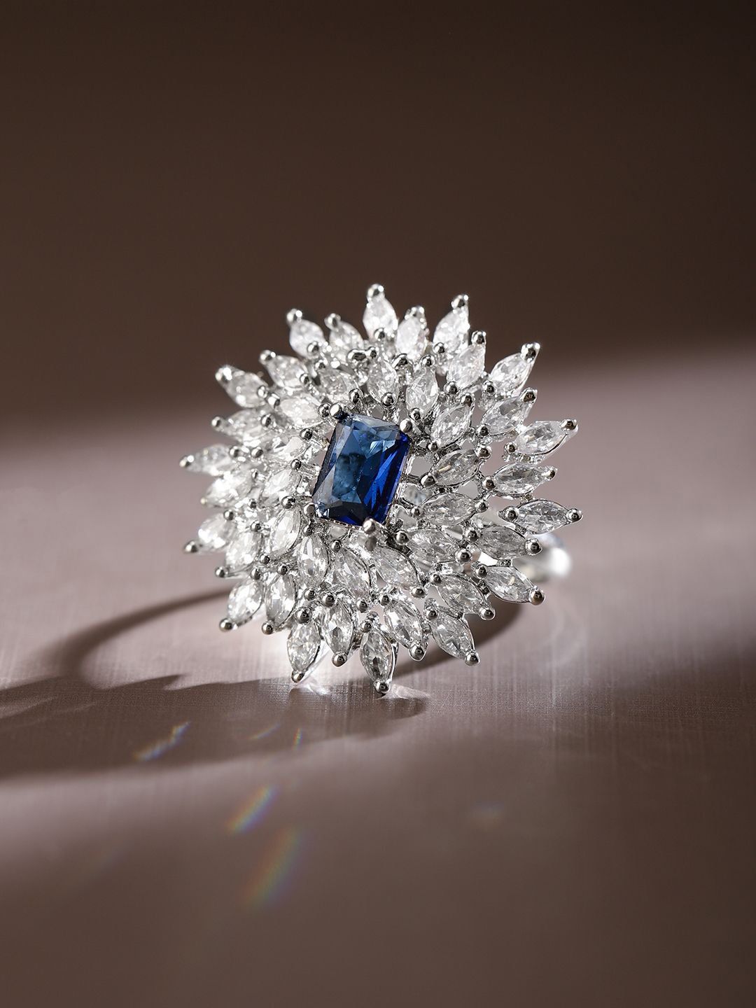 Dhiyona RJ Women's Rhodium-Plated Blue Sapphire & White CubicZirconia Studded Adjustable Cocktail Ring