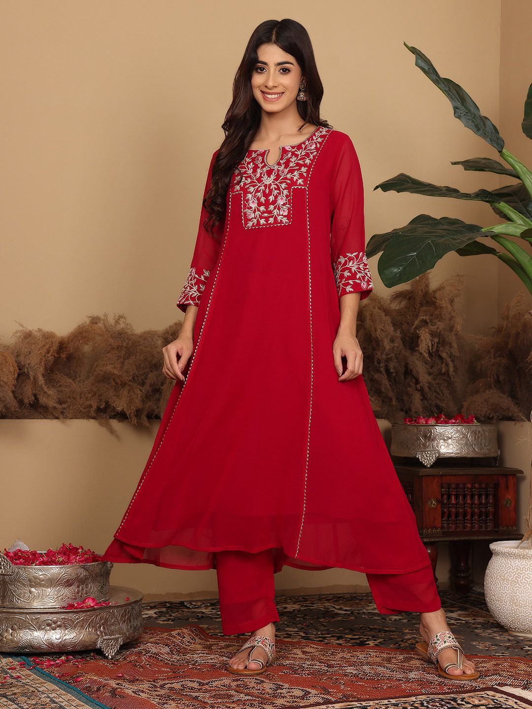 Dhiyona VA Women'sMagenta Floral Embroidered Panelled Silk Georgette Kurta With Trouser With Dupatta