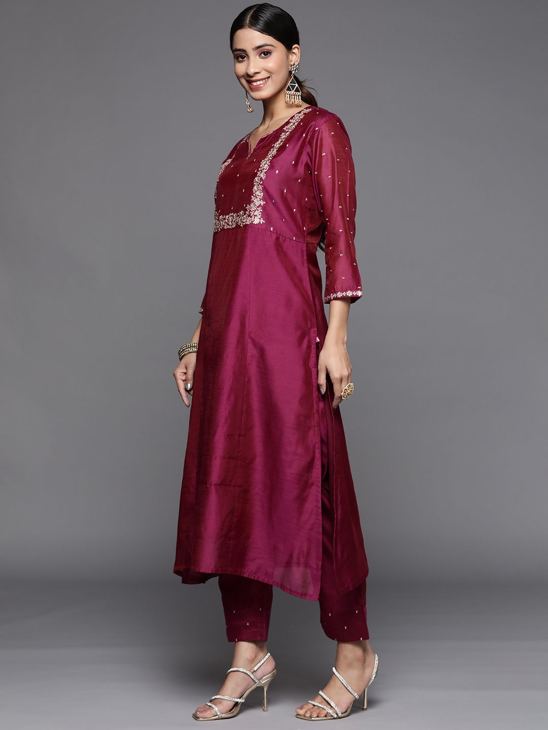 Dhiyona VA Women's Yoke Design Sequinned Chanderi Silk Kurta With Trousers & Dupatta