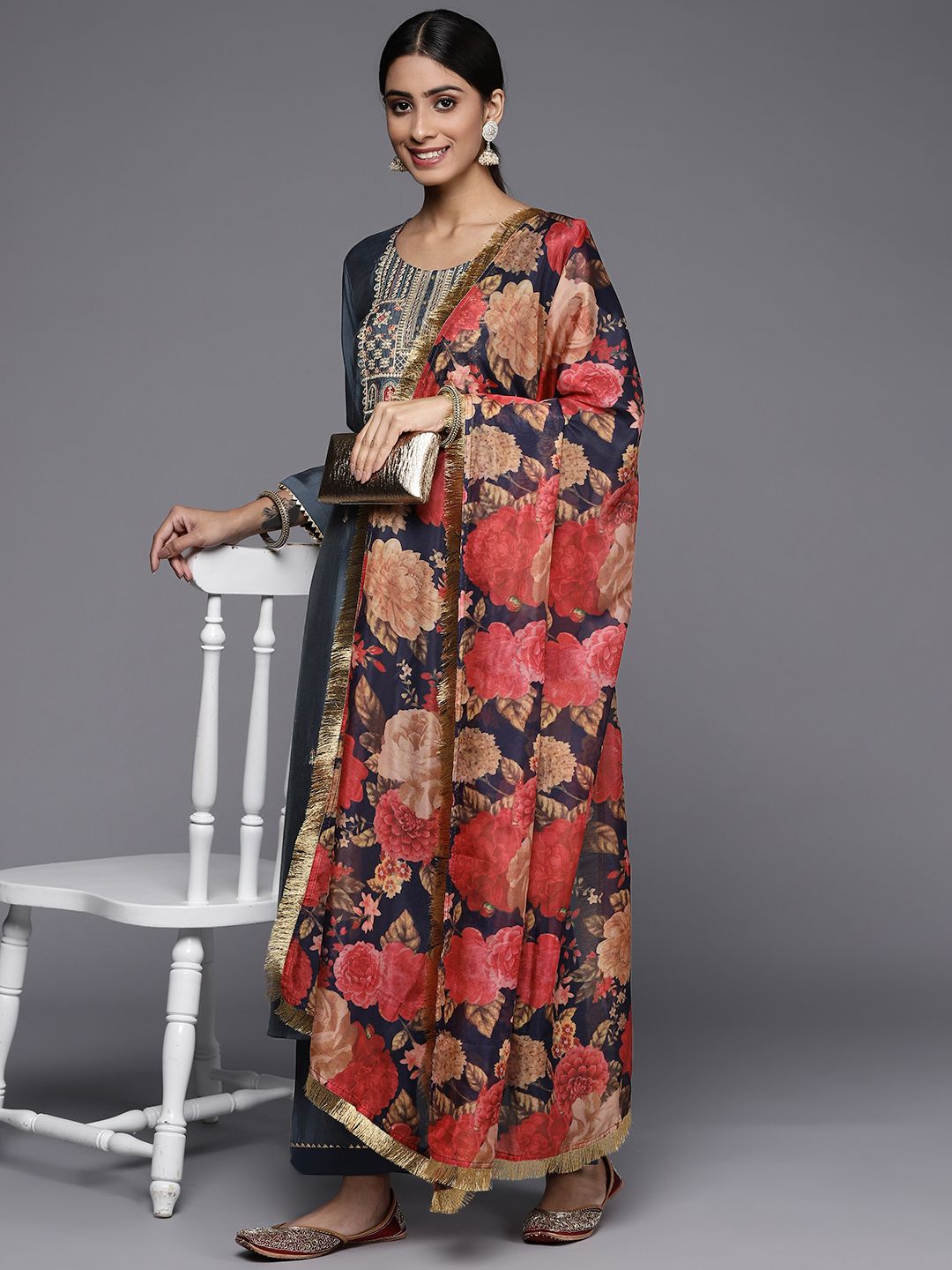 Dhiyona VA Women's Grey Ethnic Motifs Yoke Design Mirror Work Kurta with Trousers & With Dupatta