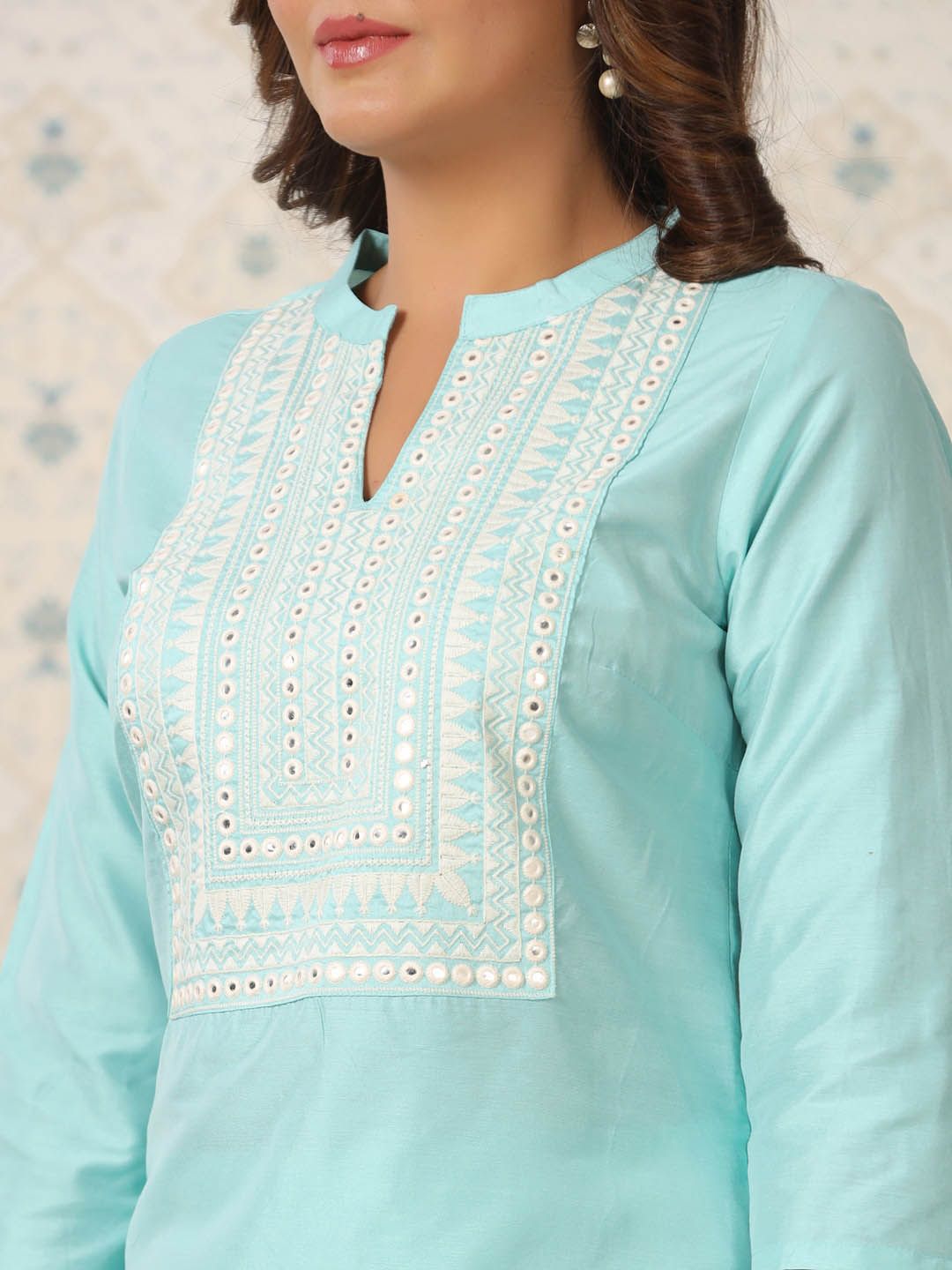 Dhiyona OD Ethnic Motifs Embroidered Mirror Work Kurti with Palazzos