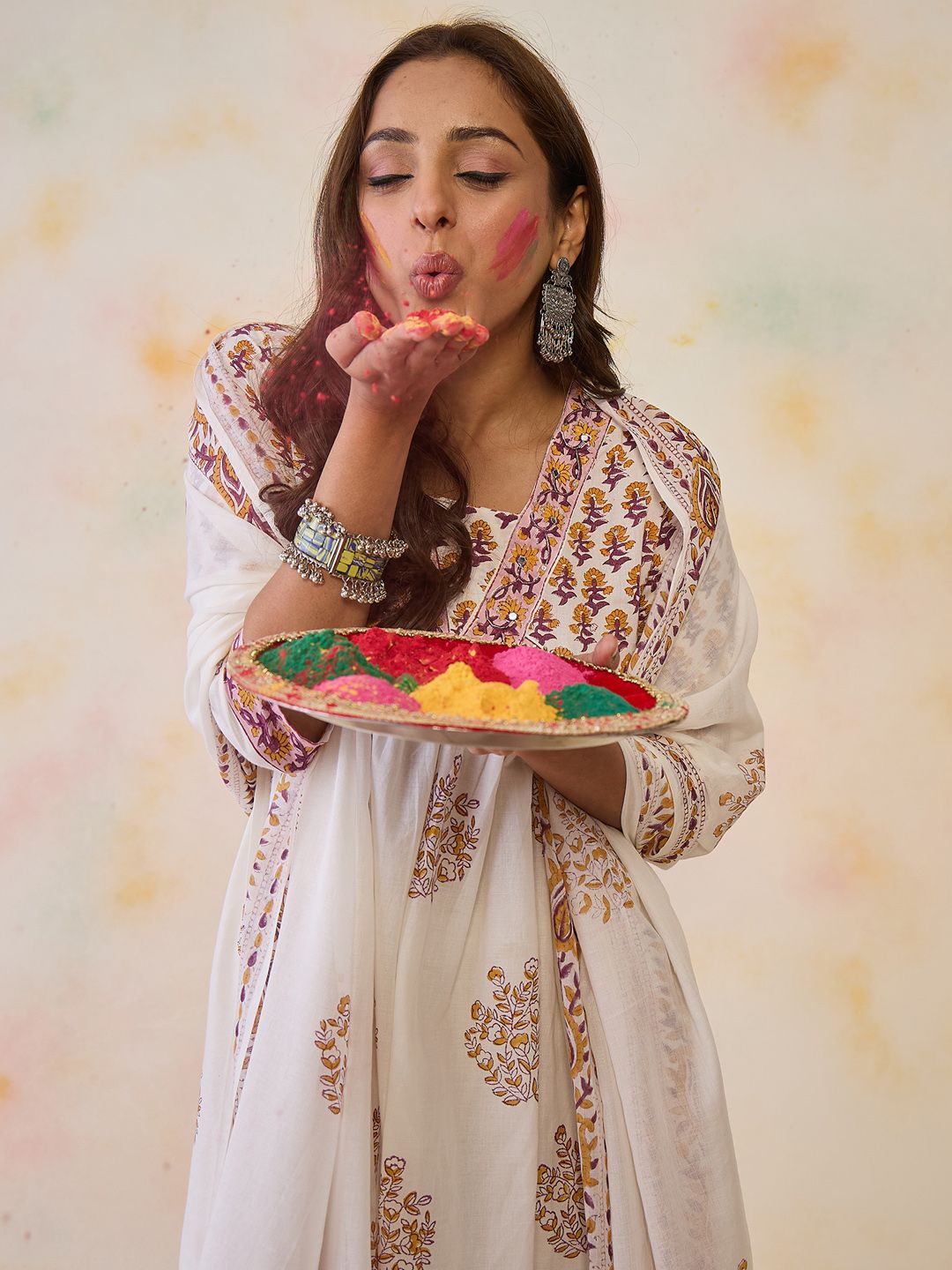 Dhiyona IE Women Ethnic Motifs Printed Empire Mirror Work Pure Cotton Kurta with Trousers & With Dupatta