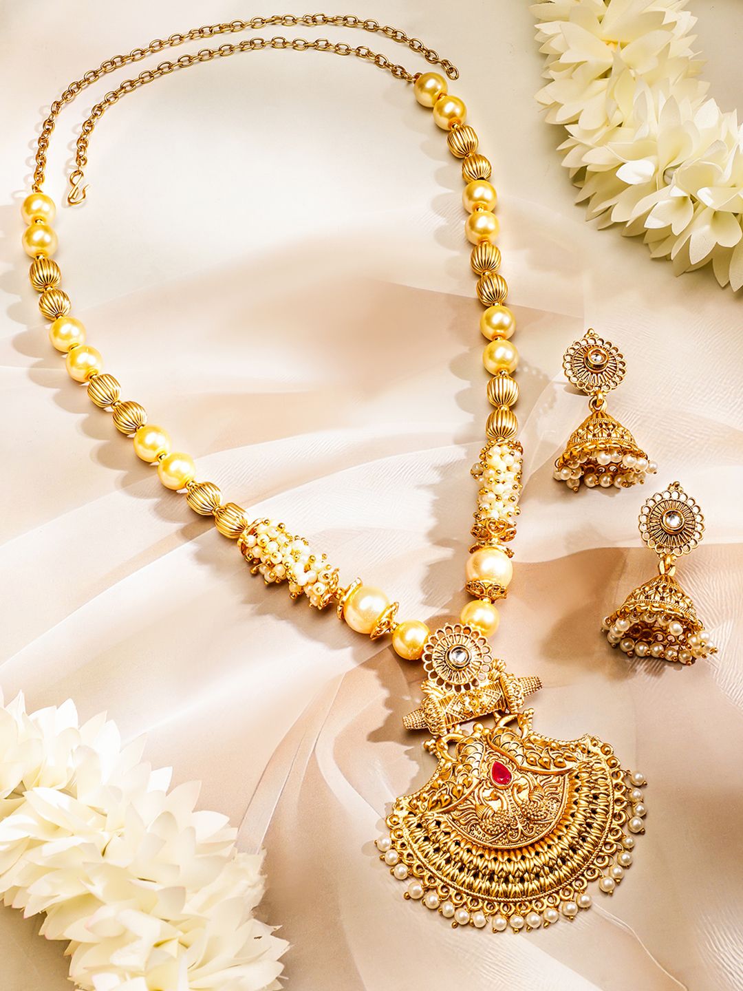 Dhiyona RJ Women's 22K Gold-Plated Pendant Jewellery Set with Golden & Pearl Beads and Ruby Red Stone