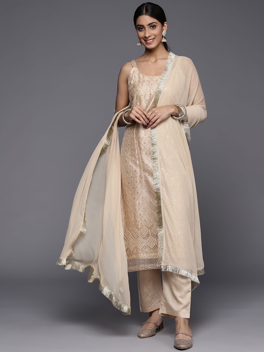 Dhiyona VA Women's Beige Sequinned Kurta with Trousers & With Dupatta