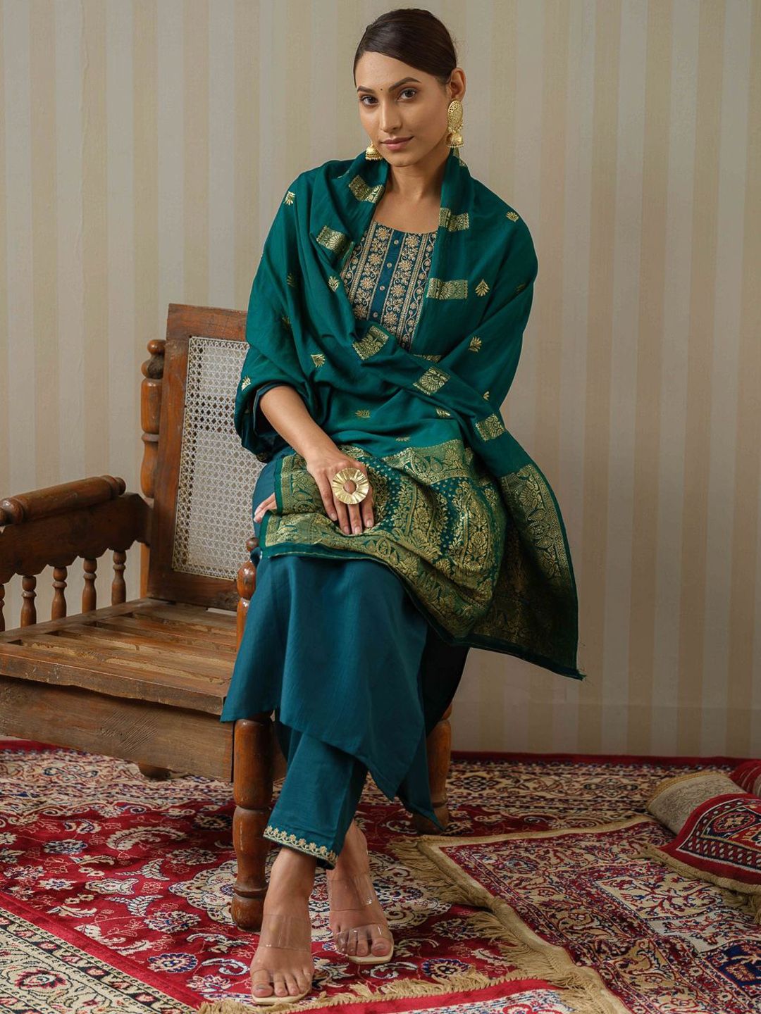 Dhiyona OD Ethnic Motifs Embroidered Straight Kurta & Trousers With Dupatta