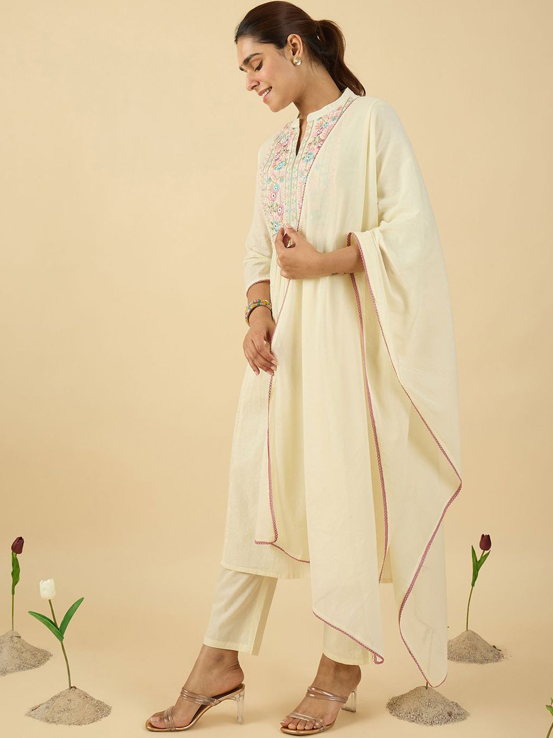 Dhiyona IE Floral Embroidered Mandarin Collar A Line Pure Cotton Kurta With Trouser &Dupatta
