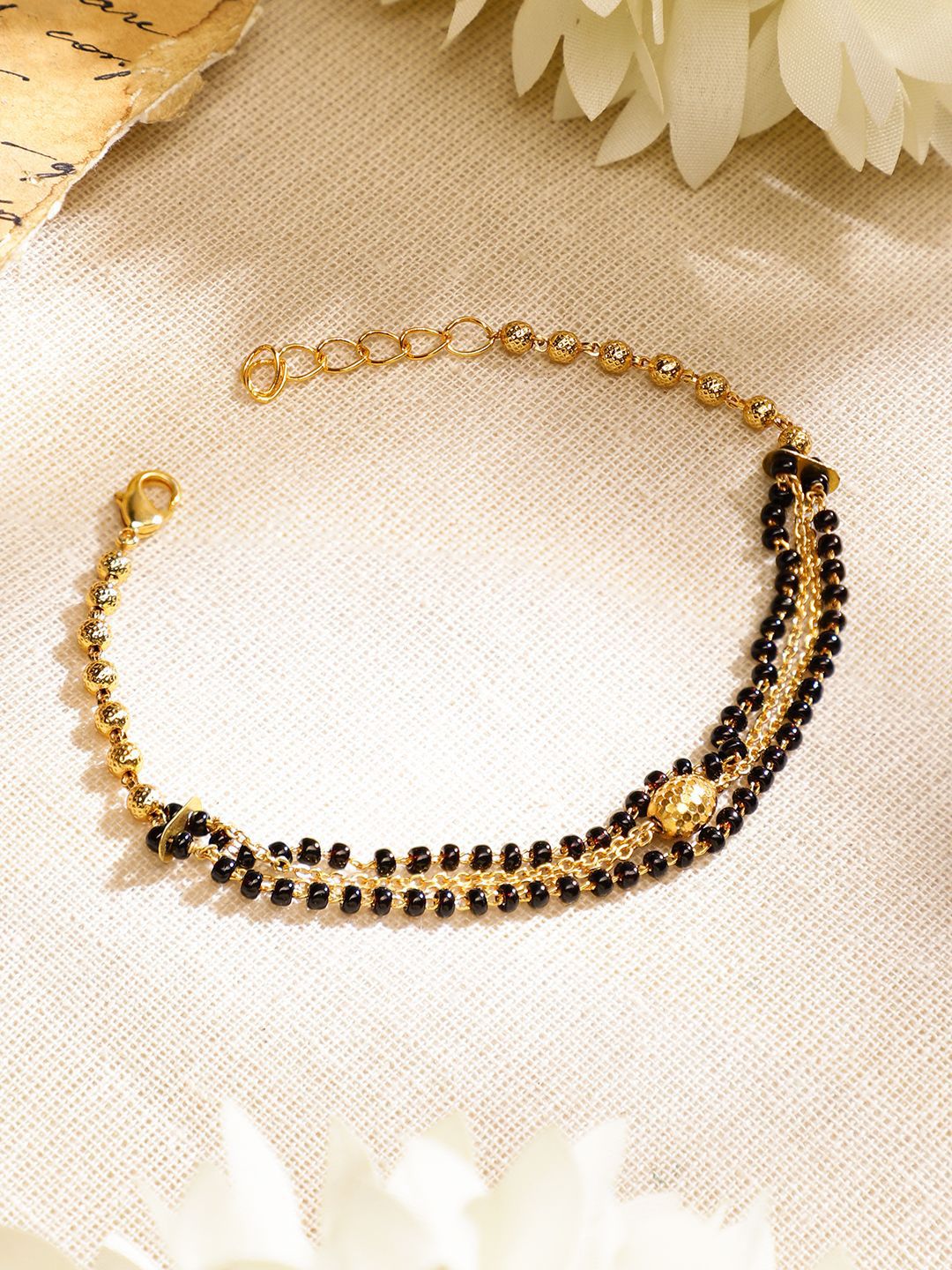 Dhiyona RJ Women's 18K Gold-Plated Black Beaded & Golden Chain Mangalsutra Bracelet
