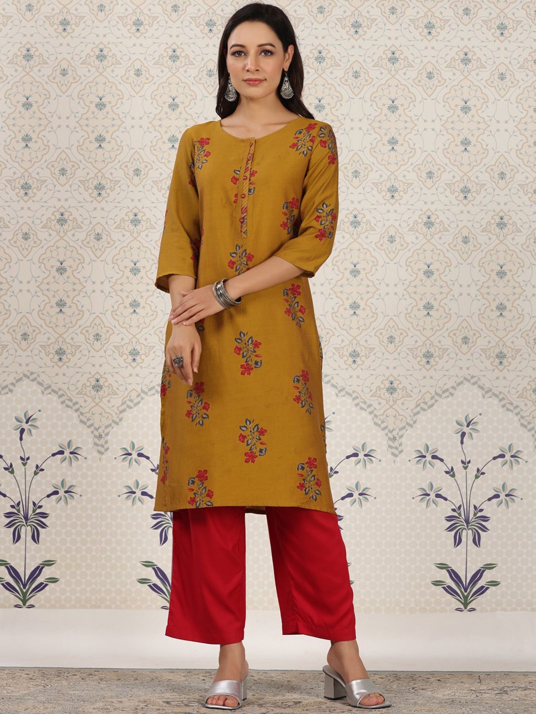 Dhiyona OD Floral Printed Zari Detailed Straight Kurta