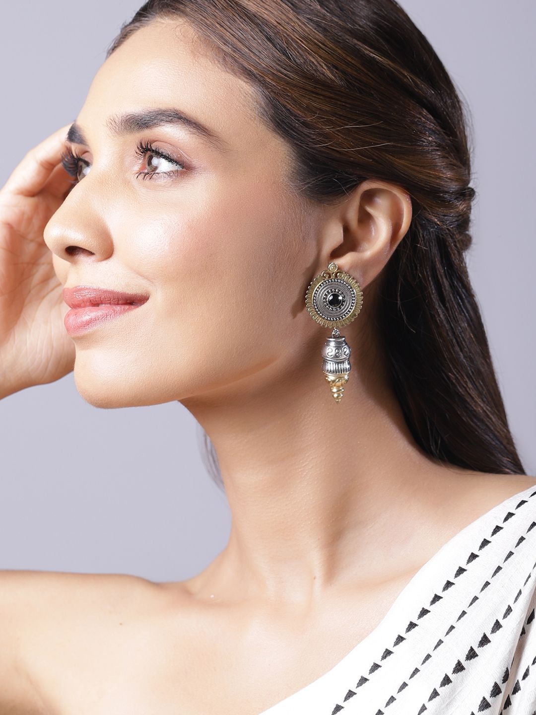 Dhiyona RJ Women's Oxidized Rhodium Plated Silver Tone Black Stone Studded Classic Drop Earrings