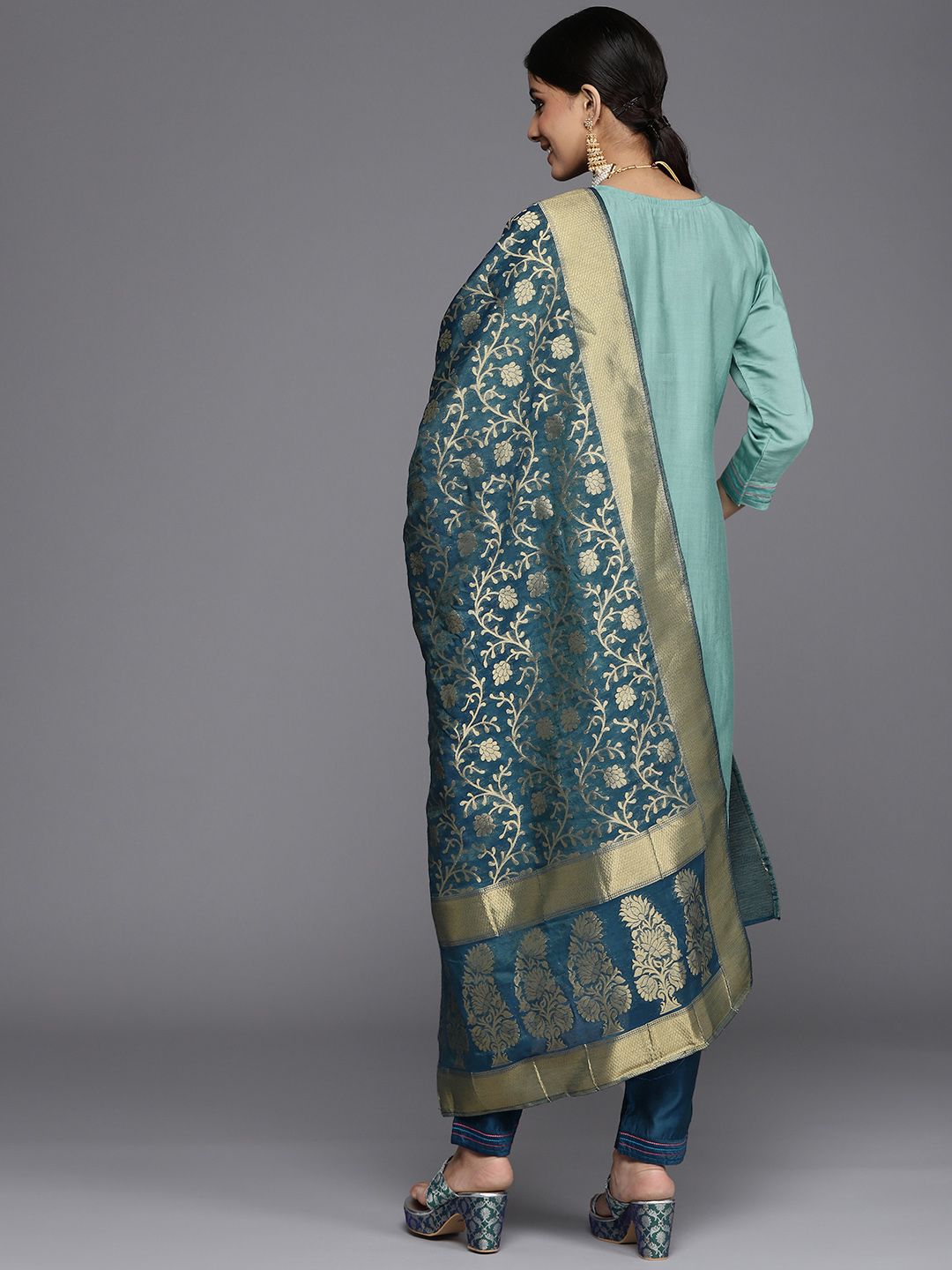 Dhiyona VA Women's Blue Ethnic Motifs Embroidered Kurta with Trousers & Dupatta