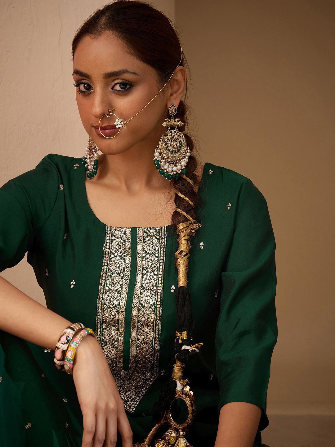 Dhiyona IE Women Ethnic Motifs Embroidered Regular Sequinned Kurta with Trousers & With Dupatta