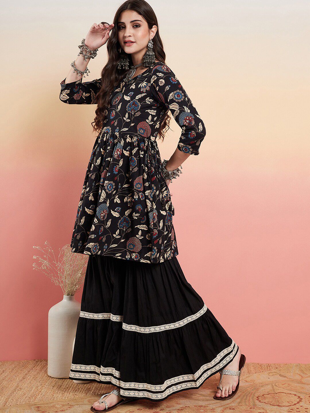 Dhiyona SN Women's Floral Printed Pure Cotton Anarkali Kurti With Sharara