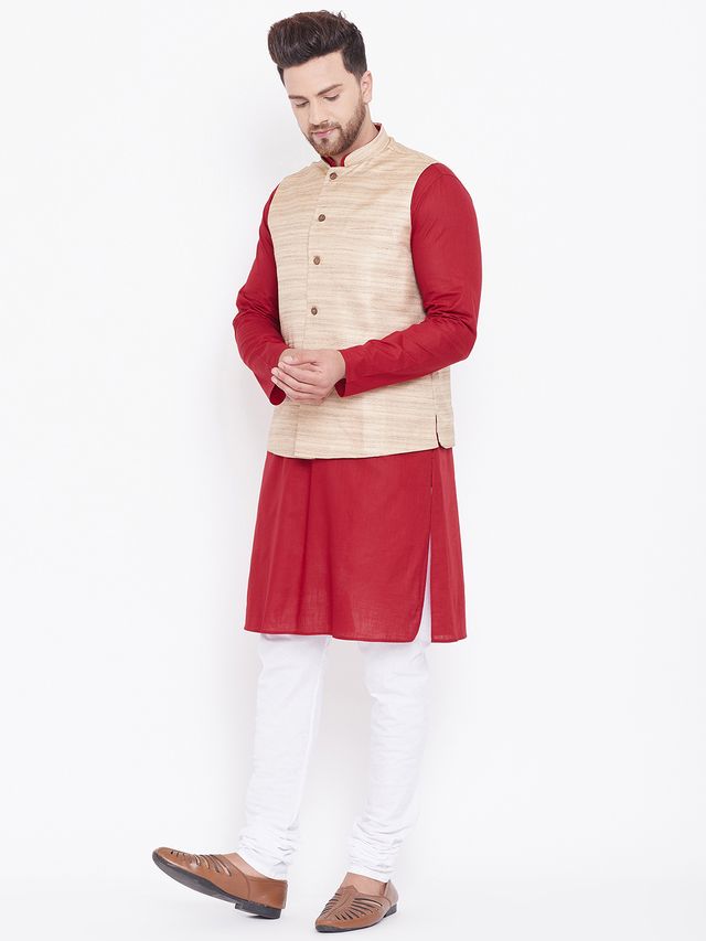 Men's Maroon Cotton Blend Straight Jacket Kurta and Pyjama Set