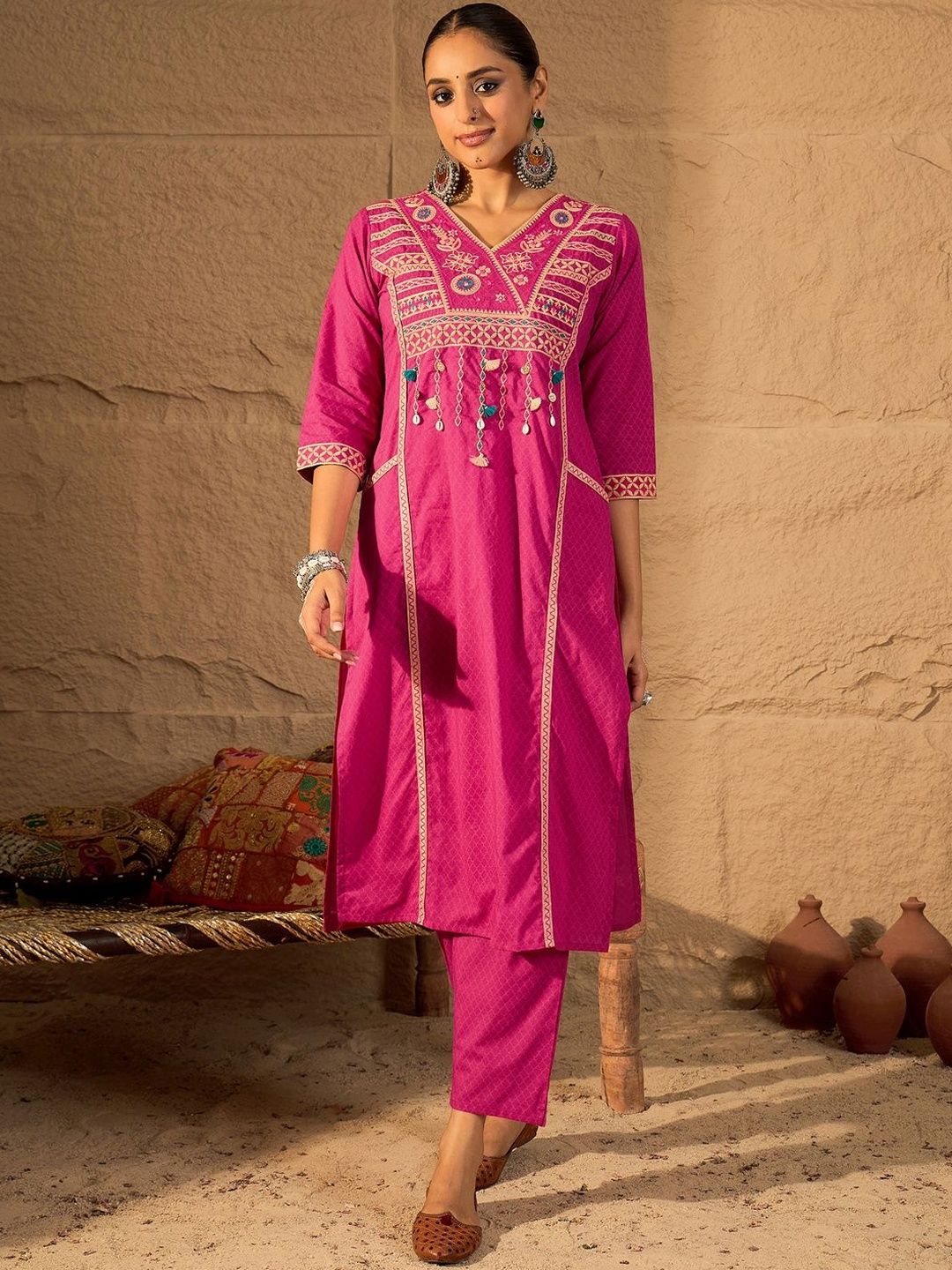 Women Ethnic Motifs Embroidered Cotton Kurta with Trousers & Dupatta