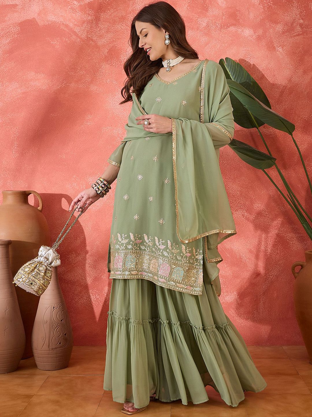 Dhiyona SN Women's Ethnic Motifs Embroidered V-Neck Kurta & Sharara With Dupatta