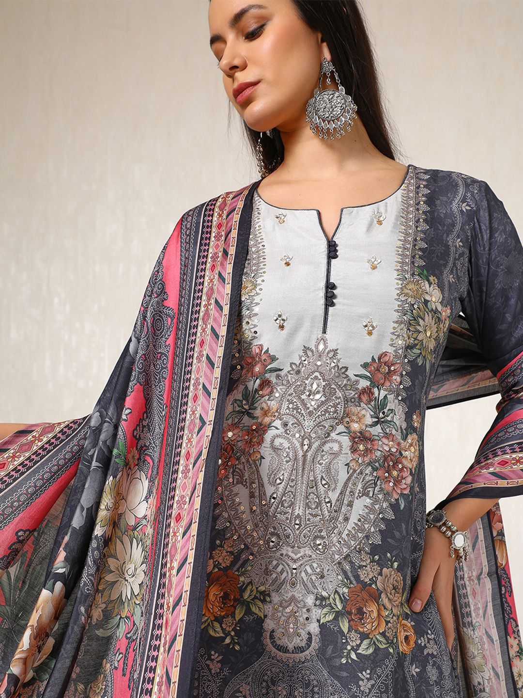 Dhiyona SO Women's Floral Printed Straight Kurta with Trousers & Dupatta