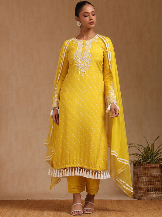 Dhiyona SO Women's Bandhani Printed Thread Work Straight Kurta with Trouser & Dupatta