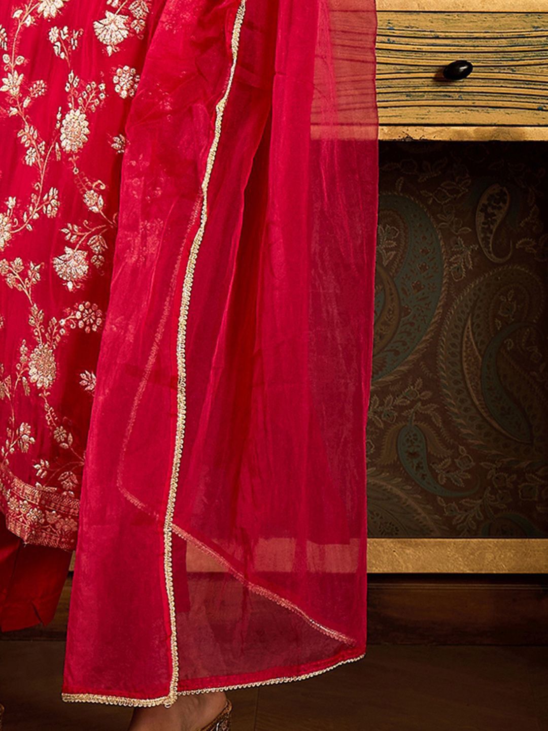 Floral Zari Embroidered Straight Kurta with Trouser & Dupatta