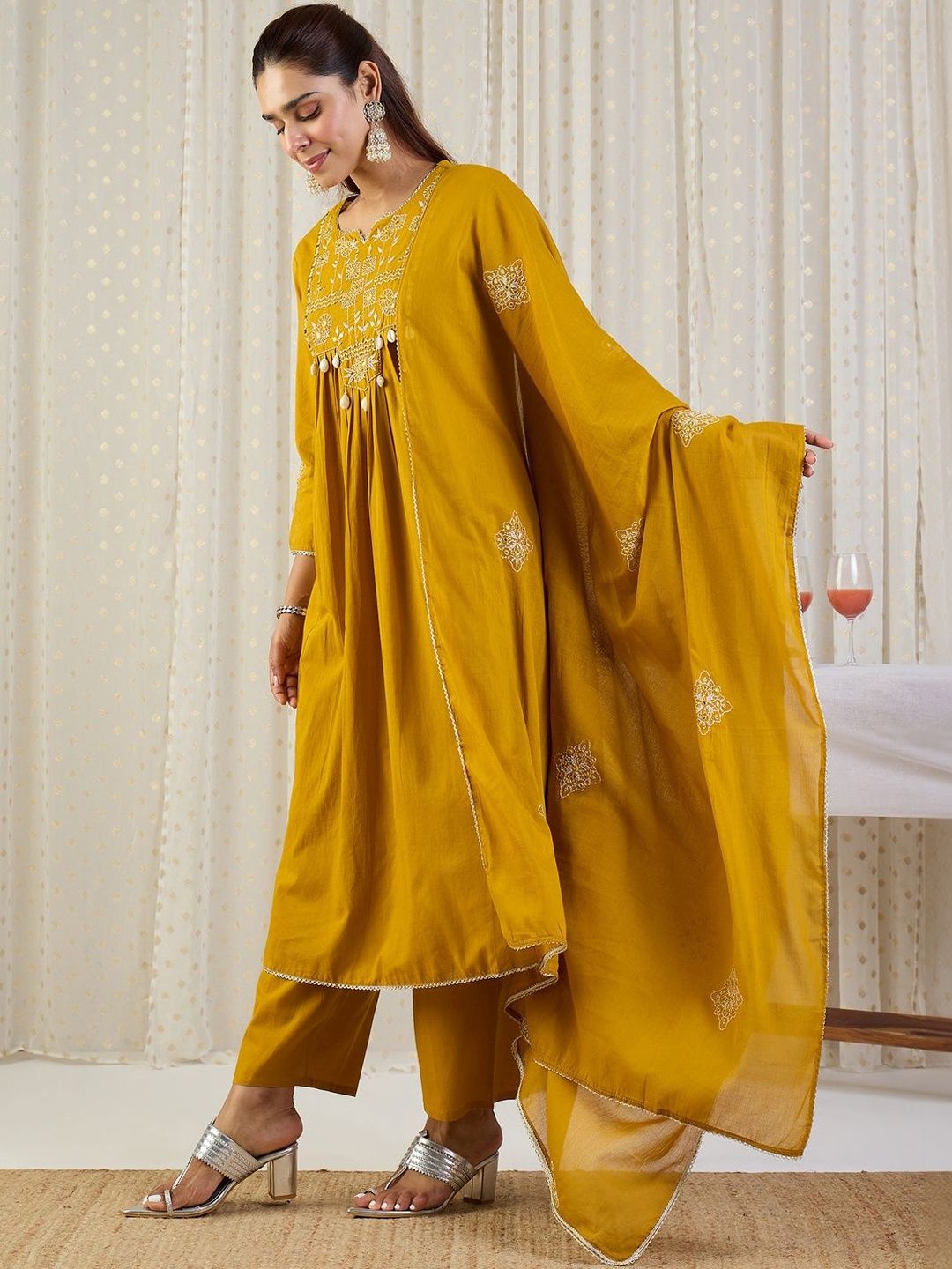 Women Embroidered Pleated Thread Work Pure Cotton Kurta & Trousers With Dupatta