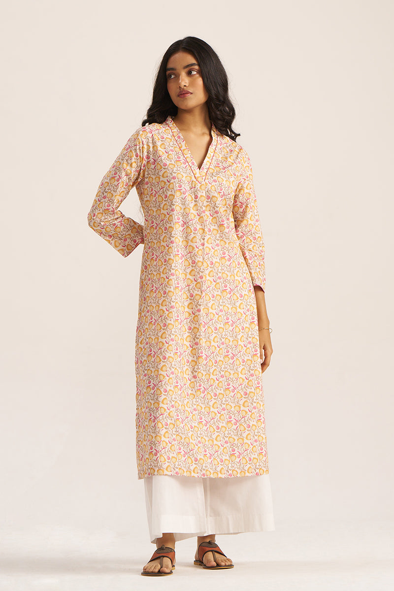 Women's Mustard and Cream Printed Cotton kurta