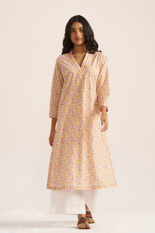 Women's Mustard and Cream Printed Cotton kurta