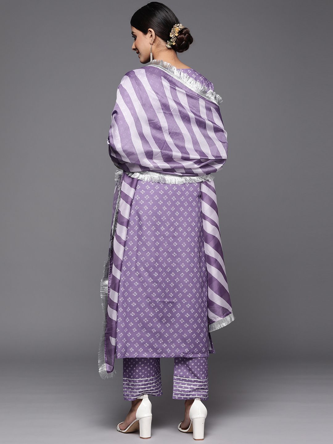 Dhiyona VA Women's Purple Bandhani Yoke Design Sequinned Kurta with Trousers & With Dupatta