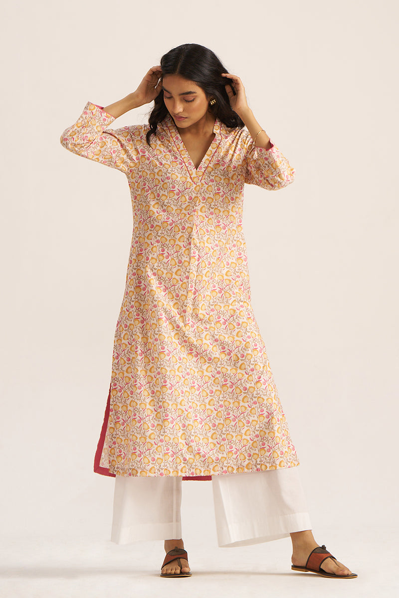 Women's Mustard and Cream Printed Cotton kurta