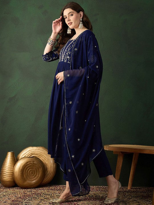 Women's Navy Blue Ethnic Motifs Embroidered A-Line Kurta With Trouser & Dupatta