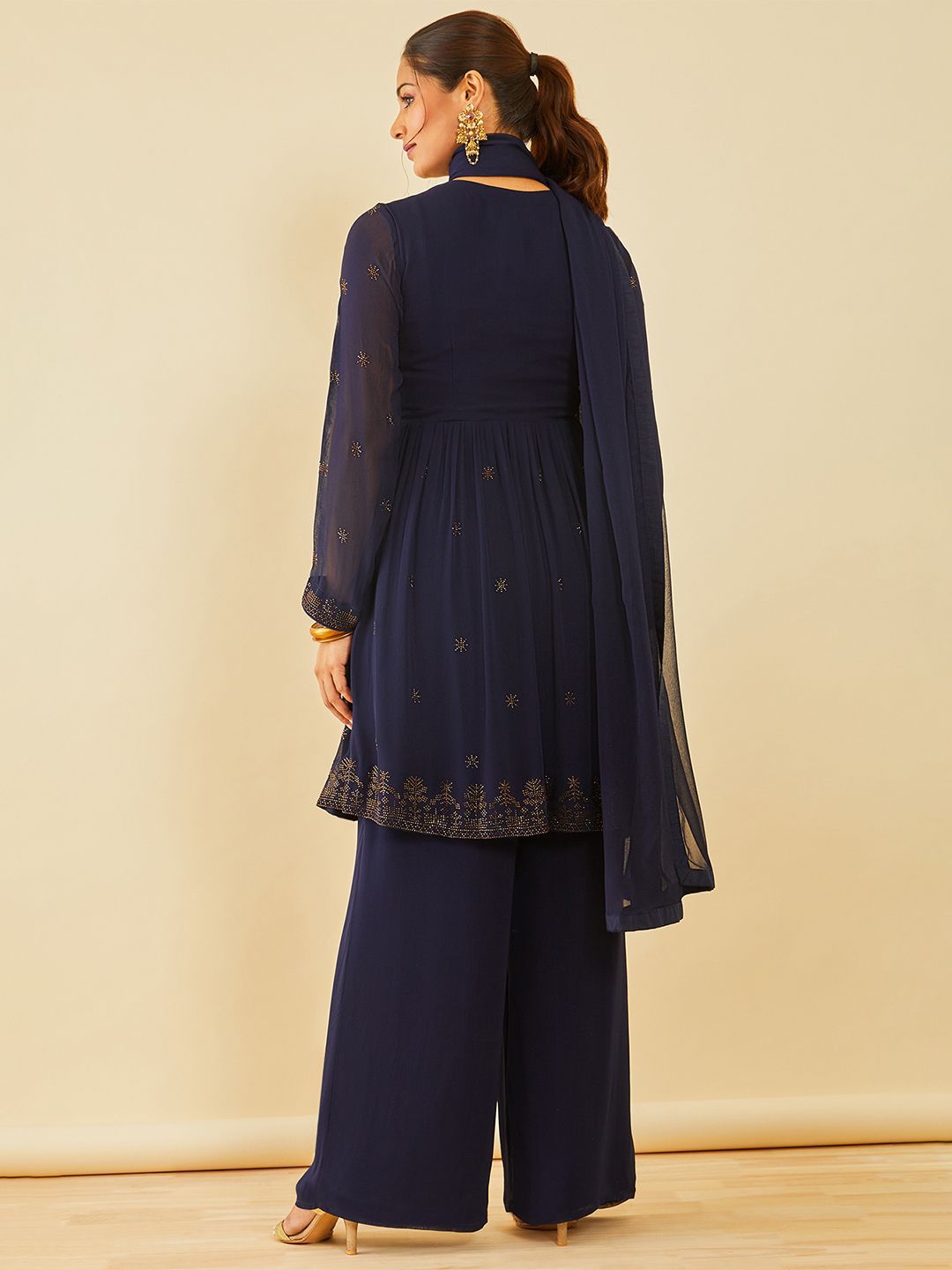 Dhiyona SO Women's Women Floral Embroidered Angrakha Beads and Stones Kurta with Palazzos & With Dupatta